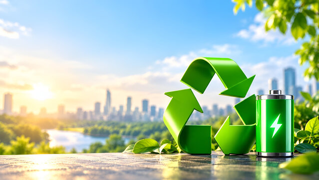 Sustainable energy concept with a green battery and recycling symbol against a cityscape. Emphasizes eco-friendly practices and renewable energy solutions.