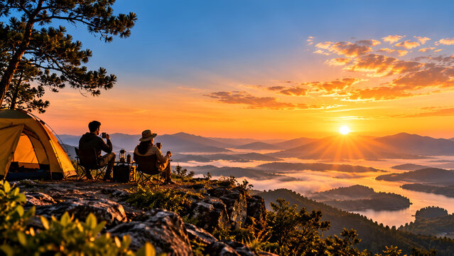 Two campers enjoy a breathtaking sunrise view over misty mountains and serene waters, capturing the essence of adventure and tranquility.