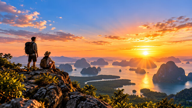 Two hikers admire a stunning sunrise over a breathtaking seascape, capturing the beauty of nature's majestic views and the spirit of adventure.