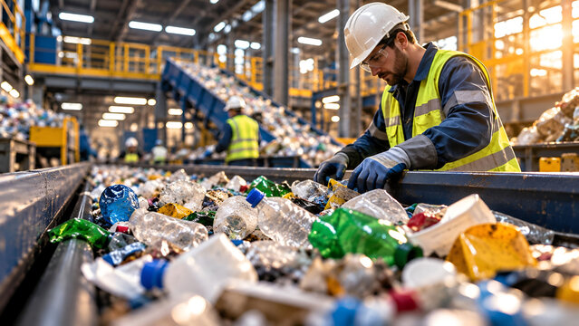 Worker sorts plastic bottles on conveyor belt in modern recycling center, showcasing sustainable waste management and environmental responsibility.