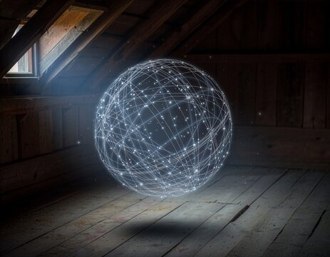 Vast web of light lines forming a floating sphere above an attic floor, symbolizing an AI network expanding despite regulation