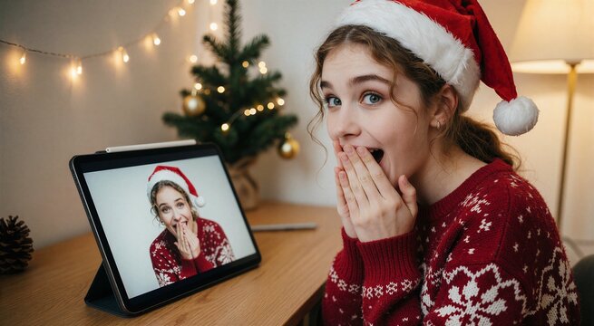Teenager reacts with surprise to a video call showing a parent during a Christmas gift moment.