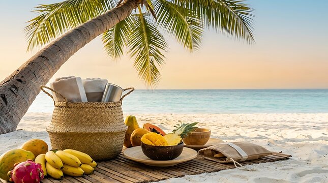 Fresh tropical fruits and a picnic basket under a palm tree on a sunny sandy beach at sunset. plastic-free beach essentials