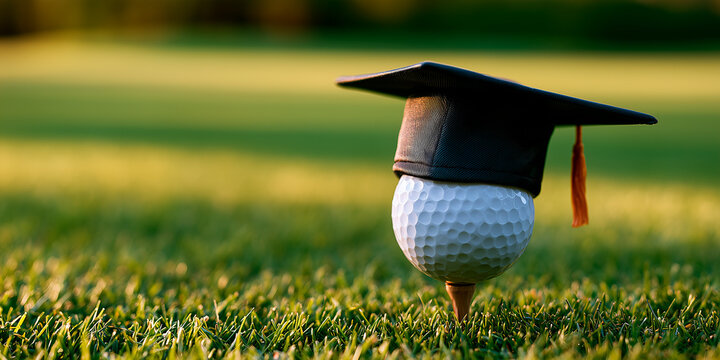 Golf ball wearing graduation cap sits on tee on green grass. Symbolizes sports scholarship achievement and future career in golf or academia