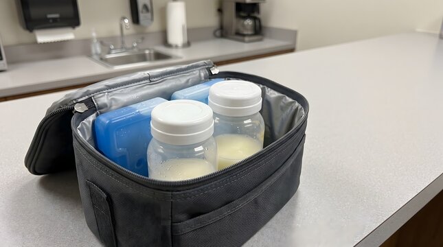 Breast milk bottles and cooling packs sit inside an open insulated bag on a kitchen counter, illustrating portable cold storage for expressed milk.
