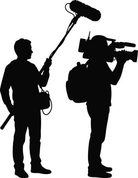 Cameraman and sound recordist with boom microphone filming silhouette