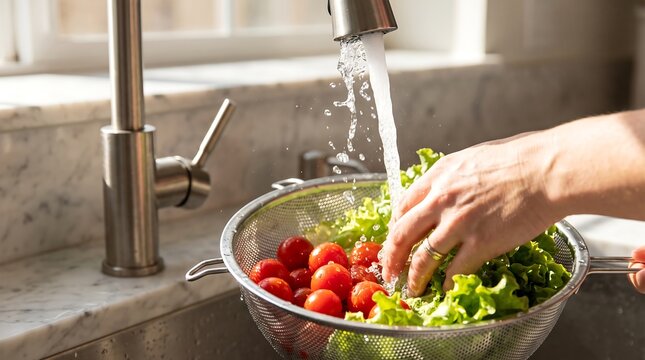 Washing fresh tomato and lettuce under splashing water in metal colander at kitchen sink during bright day for healthy food background