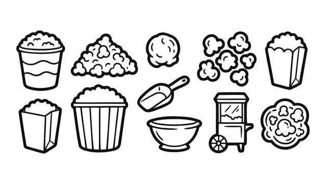 Popcorn snack icon set illustrated as a simple hand drawn doodle collection