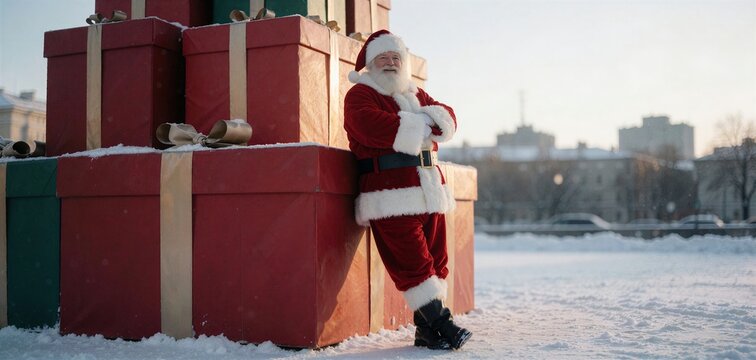Santa Claus leaning against a towering stack of wrapped Christmas gifts in a snowy outdoor setting during winter.