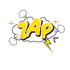 A vibrant yellow comic book style speech bubble with the word zap and lightning bolts featuring an isolated object on a isolated on transparent background © Al