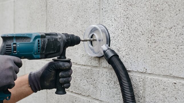 Power drill passes through a suction collar connected to an extraction hose on a block wall, illustrating point-of-work dust control during masonry drilling.