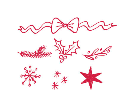 Hand-Drawn Christmas Whimsy Decor Elements. Doodle Style. Christmas Festive decoration. Winter holiday ornament, leaf, ribbon, and tree. Flat vector illustration