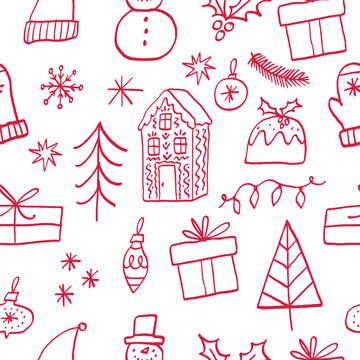 Hand-Drawn Christmas Whimsy Decor Elements. Doodle Style. Christmas Festive decoration. Winter holiday ornament, leaf, ribbon, and tree. Flat vector illustration