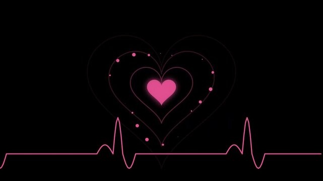 Abstract motion graphics animation of a rhythmic pink heart beating with concentric echo waves and a matching EKG electrocardiogram line on a black background, representing health and vitality.