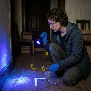 Crime scene investigator uses UV light to find evidence in old house forensic investigation