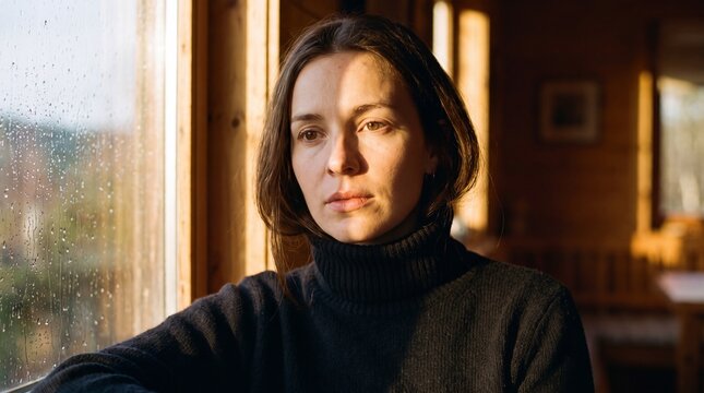 Woman in turtleneck sweater looking out window on a rainy day with warm light with raindrops glass illuminated