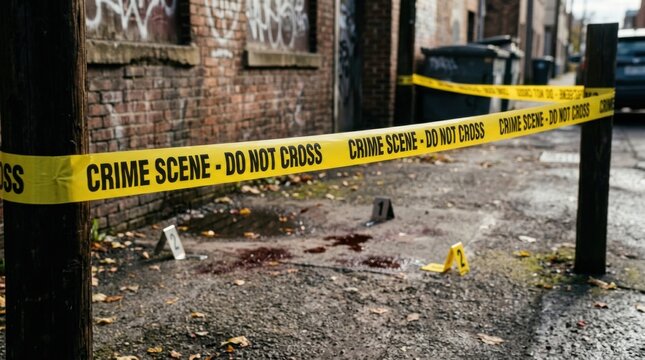 Crime Scene Tape Blocking Alleyway with Blood Stains and Evidence Markers