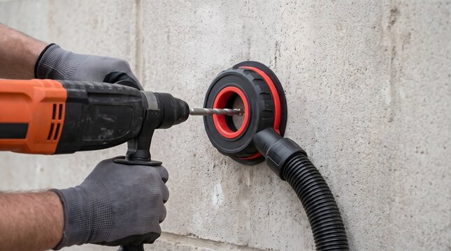 Gloved worker aligns a power drill through a wall-mounted extraction collar with connected hose, showing localized dust capture during masonry drilling work.