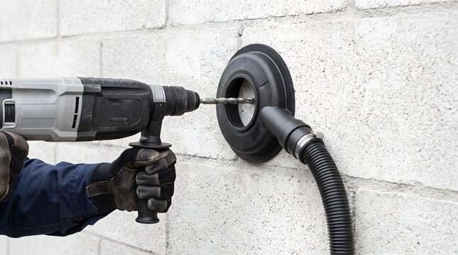 Worker holds a drill through a suction dust-collection collar against a masonry wall, illustrating on-tool extraction, cleaner drilling and construction dust control.
