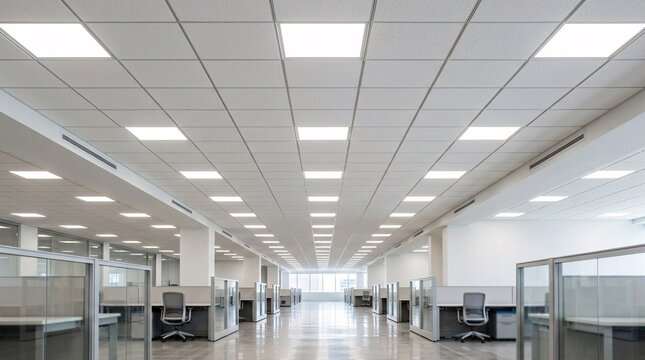 Rows of bright square LED panels set into acoustic drop ceiling tiles form a clean and symmetrical grid above a modern office space.