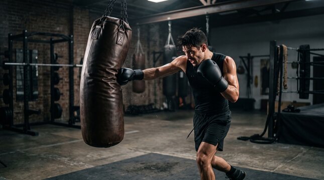 Dynamic male athlete punching heavy leather punching bag in dark boxing gym, conveying power strike, combat training, and intense fitness motivation