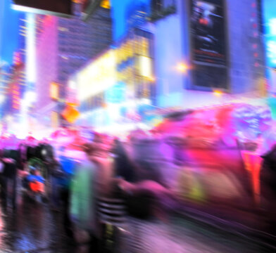 Urban, lights and buildings at night for travel with transport speed, city and sidewalk movement. Blurry, infrastructure commute and people walking, explore nightlife and tourism outdoor in New York