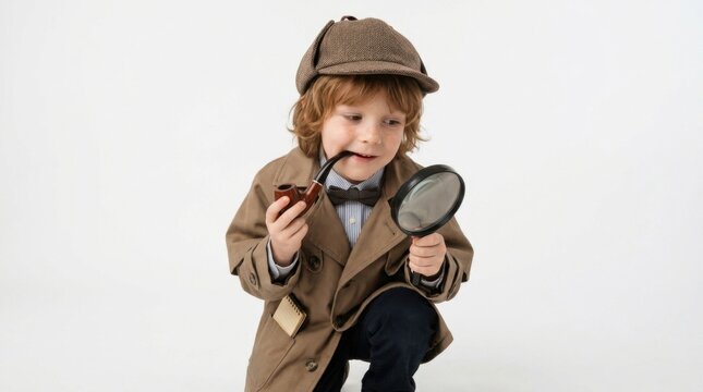 Curious Boy Detective in Trench Coat Hat and Pipe Examining with Magnifying Glass