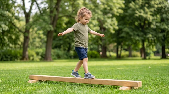 Young child balancing carefully on low wooden beam in green sunny park, highlighting outdoor play, motor skill development, and kids physical activity