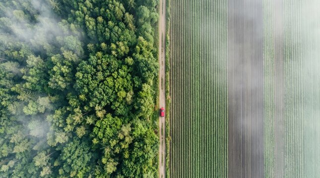 Aerial view of a red car driving on a straight road next to a green forest and a gray field