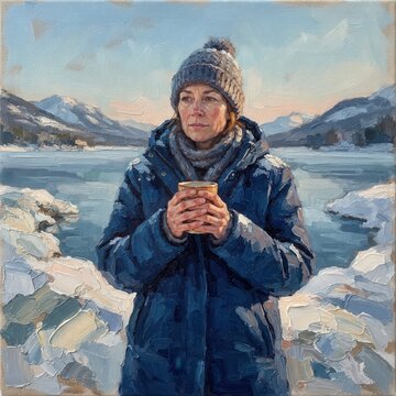 Woman in warm winter attire stands by frozen lake, gazing at snowy mountains