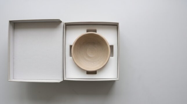 Top view of a ceramic bowl held by shaped supports inside a white archival box, illustrating safe object storage, collection care and preventive conservation.