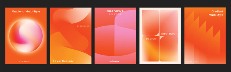 Naklejka na ściany i meble Vibrant Coral Orange Gradient Vector Poster Set Featuring Iridescent Orb, Bold Angular Shapes, Pink Fluid Waves, Glowing Abstract Panels and Contemporary Cover Designs