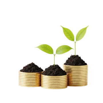 Three golden stacks of coins with soil and sprouting green plants symbolizing financial growth and sustainable investment