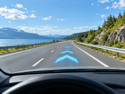 Clear view through car windscreen on open road with augmented