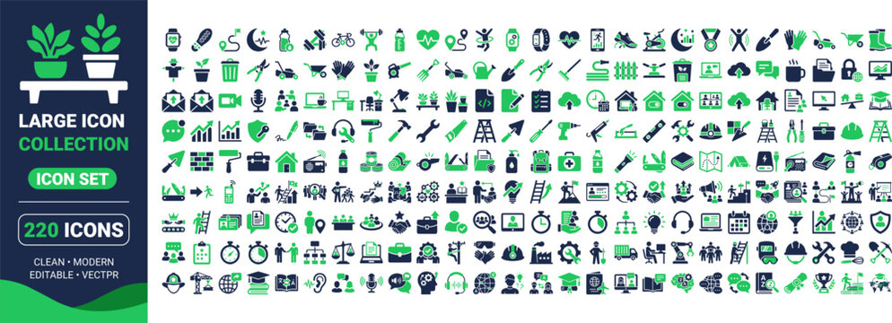 Big Icon Collection of Gardening, Plants, Agriculture, Construction, Home Repair, Industry, Tools, Business, Eco and Technology, with Pot, Shovel, Hammer and Wrench, Vector