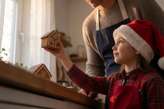 Child proudly holding a finished gingerbread house piece while an adult watches during baking activity.