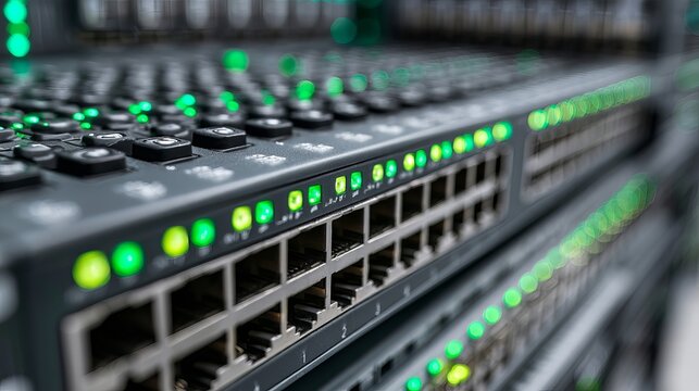 Server rack glows with vibrant green lights highlighting intricate circuits, representing data centers and network infrastructure