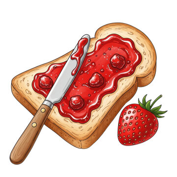 A slice of strawberry toast with vibrant red jam spread on a wooden knife and fresh strawberry beside it, isolated on white background