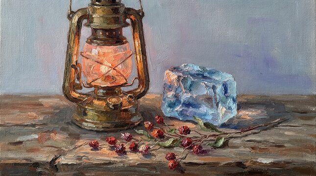 Illuminated vintage kerosene lamp, blue crystal, and red berries on a wooden table