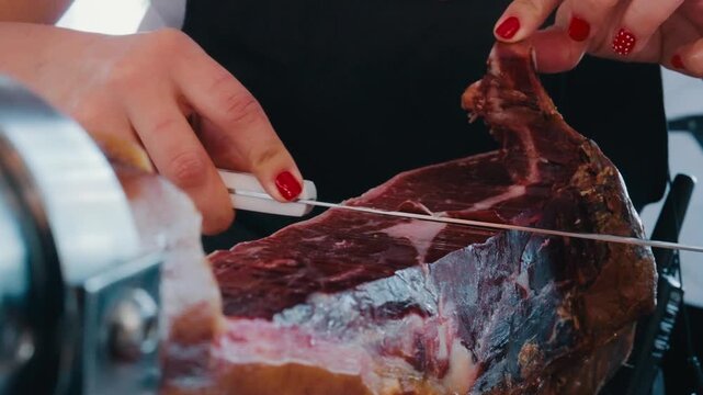 Slicing Spanish Jamon Iberico Cured Ham Close Up