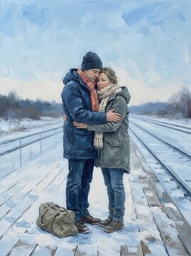 Couple embracing on a snowy train platform with train tracks in winter