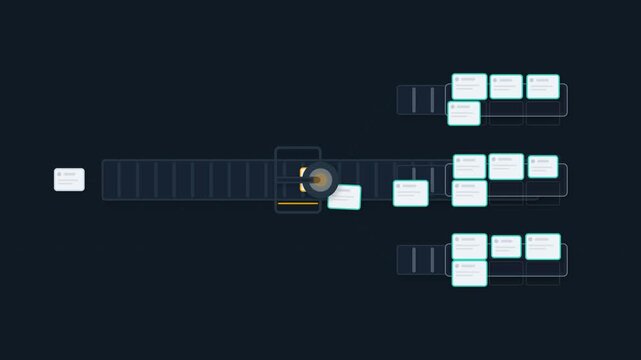 2.5D AI data sorting visualization showing automated classification, conveyor-based data routing, intelligent lane switching, and organized output processing.