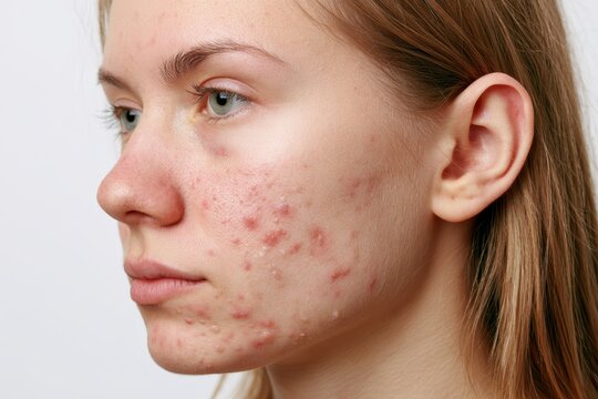 Young woman face profile with acne blemishes red pimples pustules and scars on cheek skin. Medical theme. Disease breakout vulgaris pathology or skincare infection. Allergic Redness, pox, MPOX, COVID