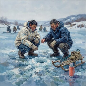 Two men ice fishing on a frozen lake in a winter landscape with other fishermen