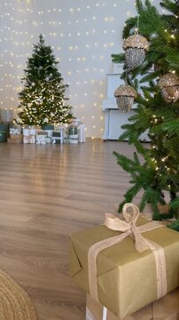 A wrapped Christmas present beside a decorated tree in a festive living room. Holiday decor and seasonal gift giving.