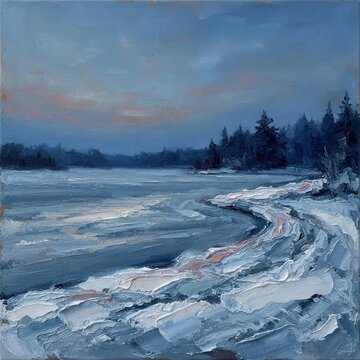 Heavy impasto oil painting of an icy blue winter landscape with a frozen lake