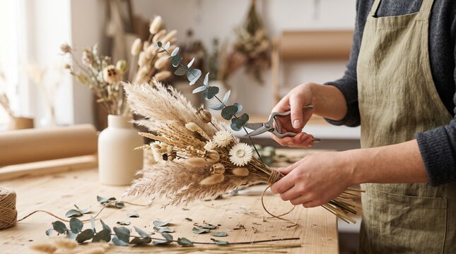 Florist using pruning shears to trim dried eucalyptus branch into floral bouquet conveying botanical craftwork and artisan floral design in workshop