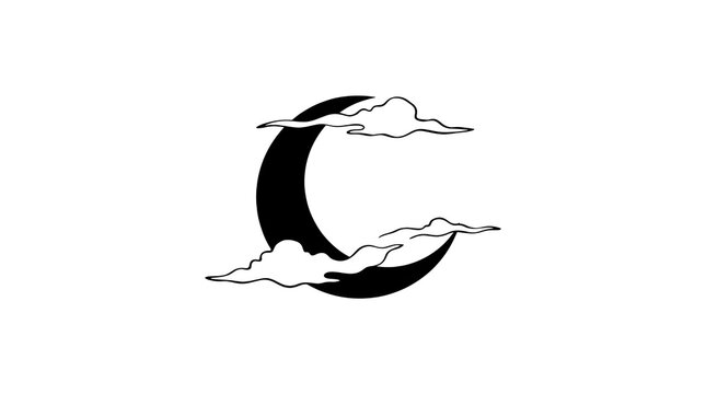 Crescent moon surrounded by flowing clouds in a black and white silhouette illustration, creating a dreamy celestial night scene.