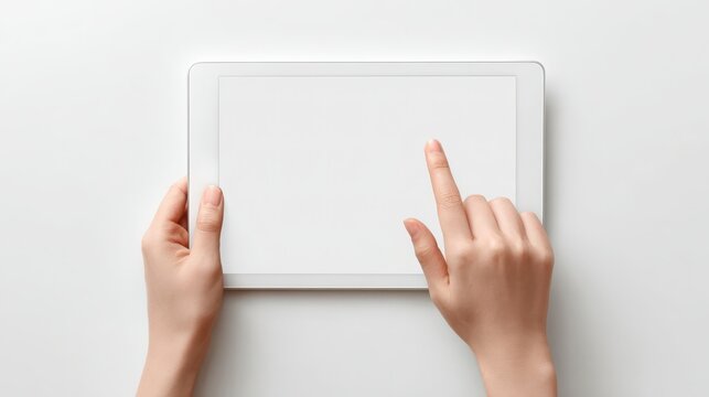 Hands Using Touch Screen Tablet on White Background for Technology