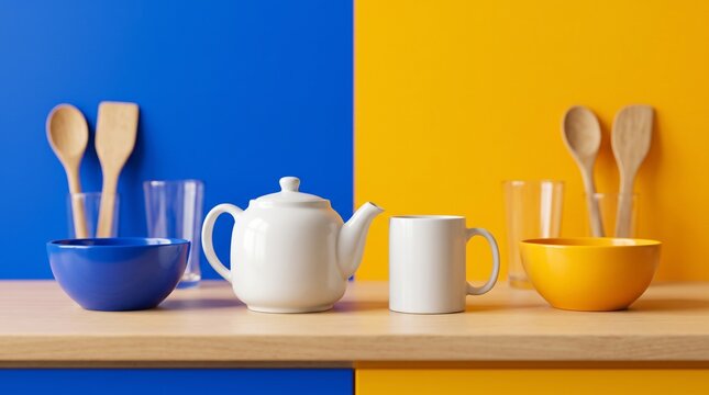 Teapot mug ceramic bowls and wooden spoons neatly arranged against split blue and yellow color block background symbolizing modern minimalist kitchenware display